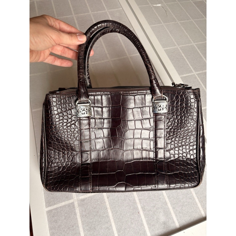 VTG Y2K Brighton Brown Croc Embossed Leather Satchel Handbag Silver Hardware